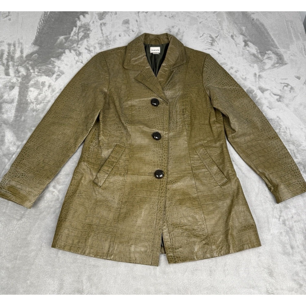 Vintage Chicos Green Gator Leather Jacket Womens Small Crocodile Reptile 90s Y2K